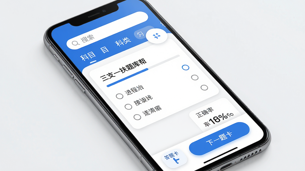 一款名为三支一扶题库帮的手机应用界面展示图,主体为手机屏幕中央显示题库练习页面,顶部有搜索栏和科目分类标签,中间是单选题题干与四个选项,底部有答题卡和下一题按钮,布局清晰整洁,排版采用上下结构,风格为现代简约教育类App设计,细节包括蓝色主色调、白色背景、圆角卡片、进度条和正确率百分比,画质高清,画面干净,无多余元素。