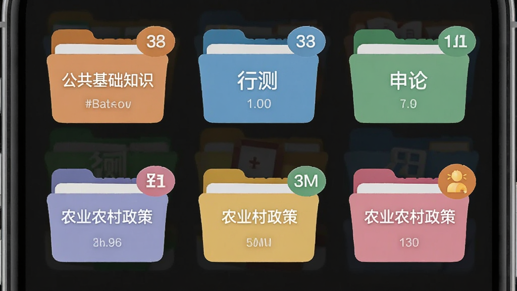 三支一扶题库帮应用内题库分类页面,主体为手机屏幕显示多个科目文件夹图标,布局为网格排列,排版整齐,风格为扁平化教育设计,细节包括公共基础知识、行测、申论、农业农村政策等标签,每个分类配有不同颜色图标和题目数量角标,画质清晰,画面干净,无多余元素。