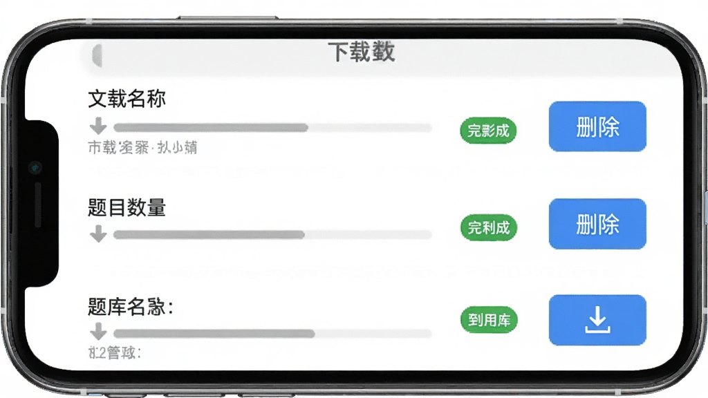 三支一扶题库帮离线模式设置界面,主体为手机屏幕显示下载管理页面,布局为列表形式展示已下载题库包,排版每项显示科目名称、题目数量和删除按钮,风格为实用工具类设计,细节包括灰色下载进度条、绿色已完成标签、蓝色下载按钮,画质清晰,画面干净,无多余元素。