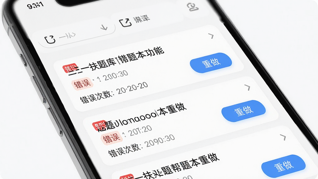 三支一扶题库帮错题本功能界面,主体为手机屏幕展示错题列表,布局为纵向卡片式排列,排版每道错题显示题目摘要、错误次数和重做按钮,风格为清爽学习类App设计,细节包括红色错误标签、灰色时间戳、蓝色重做按钮和顶部筛选栏,画质高清,画面干净,无多余元素。