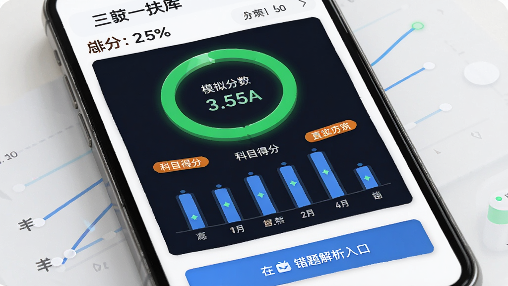 三支一扶题库帮模拟考试结果页面,主体为手机屏幕中央显示分数环形图,布局上方为总分和排名,中间为各科目得分柱状图,下方为错题解析入口,排版层次分明,风格为数据可视化教育设计,细节包括绿色高分环、蓝色柱状图、橙色提示标签,画质清晰,画面干净,无多余元素。