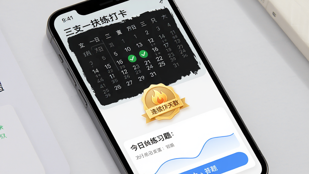 三支一扶题库帮每日一练打卡界面,主体为手机屏幕显示日历打卡记录和今日练习题,布局上方为月历视图,中间为连续打卡天数徽章,下方为一道练习题,排版简洁,风格为激励型学习App设计,细节包括绿色打勾标记、金色火焰图标、蓝色答题按钮,画质高清,画面干净,无多余元素。