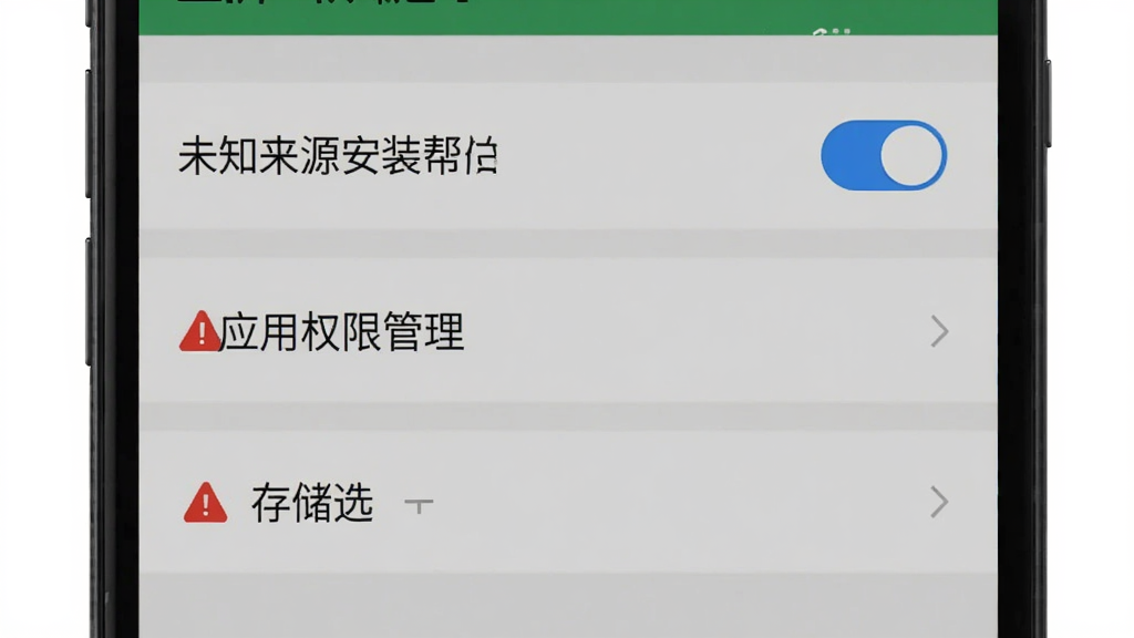 三支一扶题库帮在安卓手机上的安装权限设置界面示意图,主体为手机屏幕显示设置菜单,布局从上到下依次为未知来源安装开关、应用权限管理、存储选择选项,排版清晰,风格为系统设置类截图风格,细节包括蓝色开关按钮、灰色菜单项、红色警告图标,画质高清,画面干净,无多余元素。