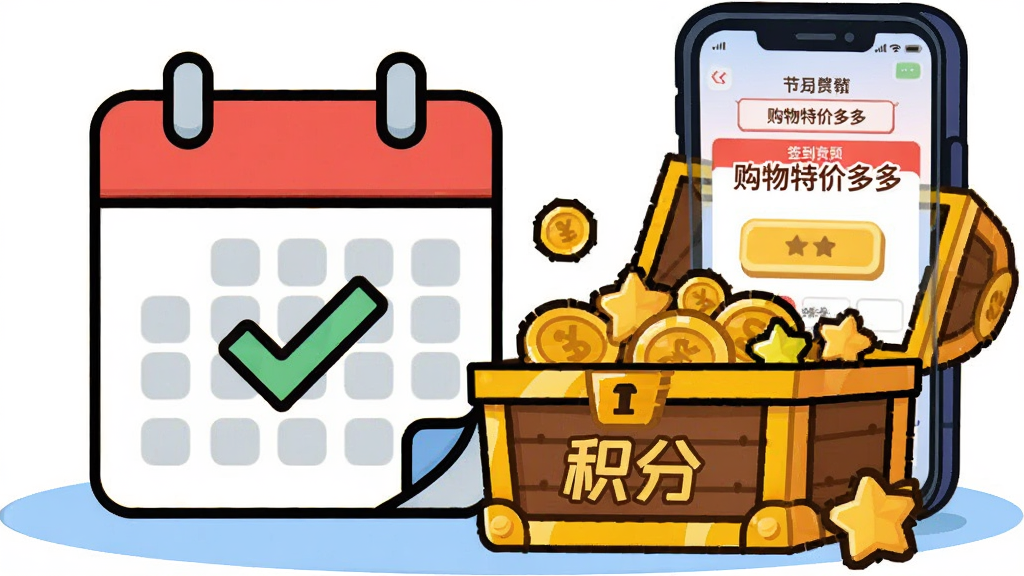 一张表现每日签到和积分奖励的插画。画面中心是一个日历图标,上面有打钩的标记,旁边是一个装满金币和星星的宝箱,宝箱上写着“积分”。手机屏幕显示“购物特价多多”的签到页面。风格为扁平化卡通,色彩活泼,画质高清,背景简洁。