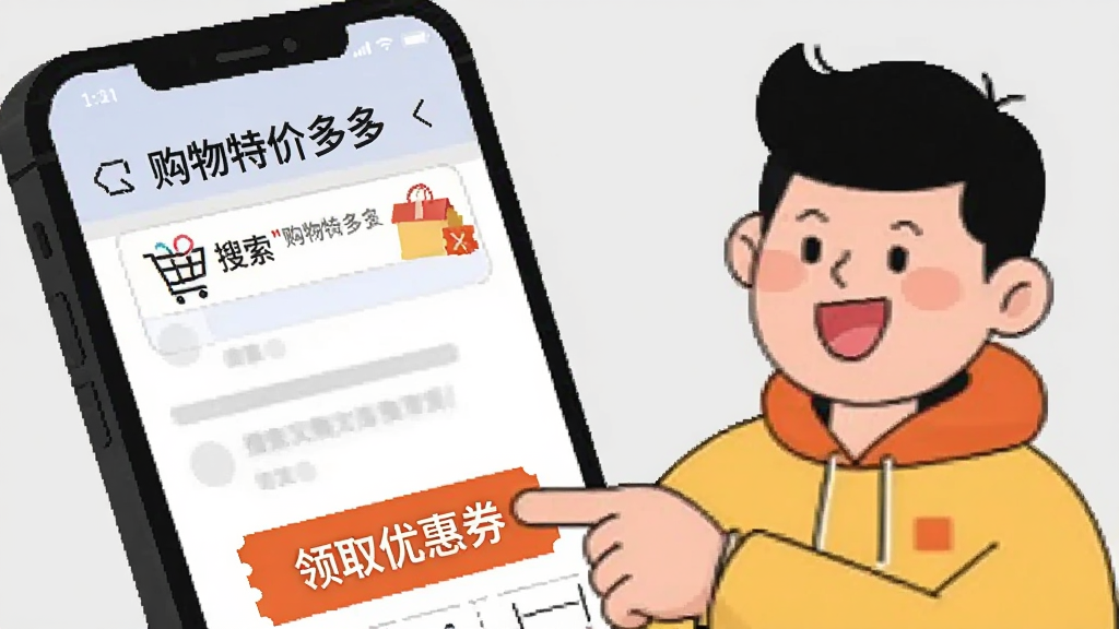 一部手机屏幕展示“购物特价多多”的搜索页面,屏幕旁边有一个卡通人物正在用手指点击“领取优惠券”按钮,人物表情开心。背景是简洁的浅灰色,画质清晰,风格为扁平化插画,无多余元素。