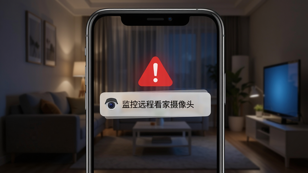 手机屏幕弹出报警通知,通知上写着“监控远程看家摄像头”,画面背景是夜晚的客厅,有一个红色感叹号图标,构图居中,排版简洁,风格警示,细节清晰,画质清晰,干净,无多余元素