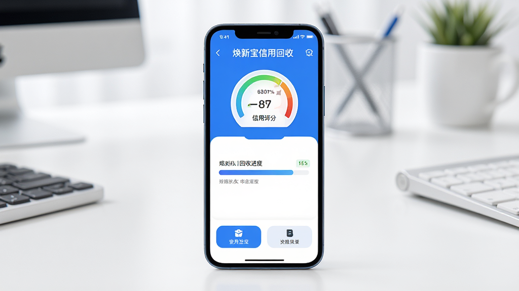 画面中央一部智能手机,屏幕上显示“焕新宝信用回收”应用界面,界面以蓝色和白色为主色调,顶部有信用评分仪表盘,中间有回收进度条,底部有功能按钮,背景是干净整洁的办公桌面,风格简洁现代,细节清晰,画质高清,干净,无多余元素