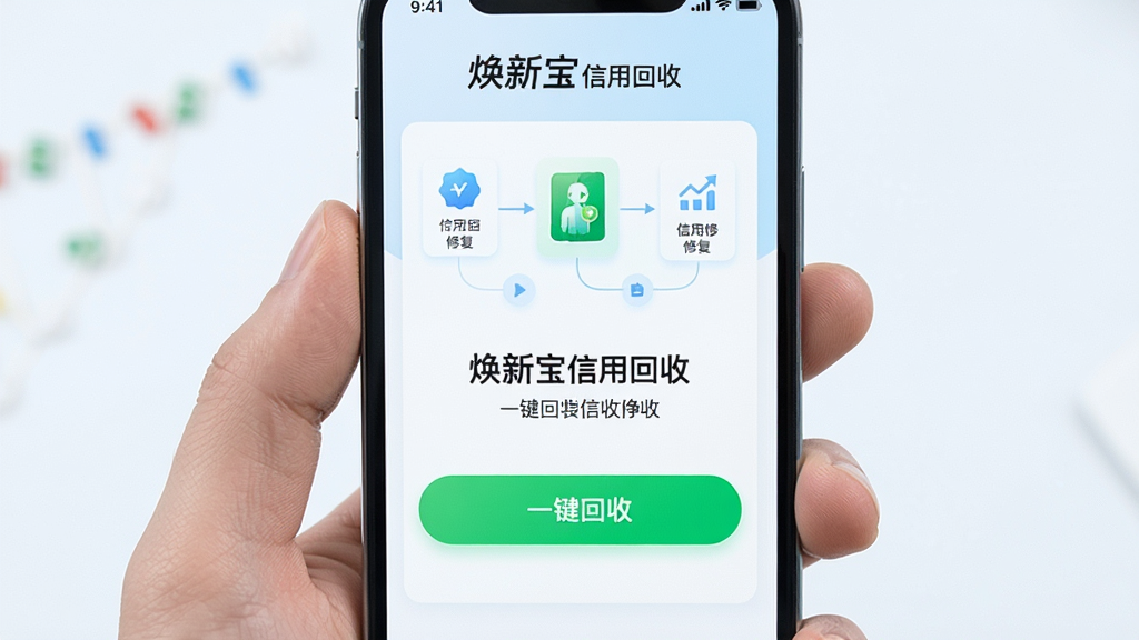 手机屏幕显示“焕新宝信用回收”的一键回收界面,一个醒目的绿色按钮位于屏幕中央,按钮上方有信用修复的步骤流程图,背景是简约的白色和浅蓝色,风格清新,细节清晰,画质高清,干净,无多余元素