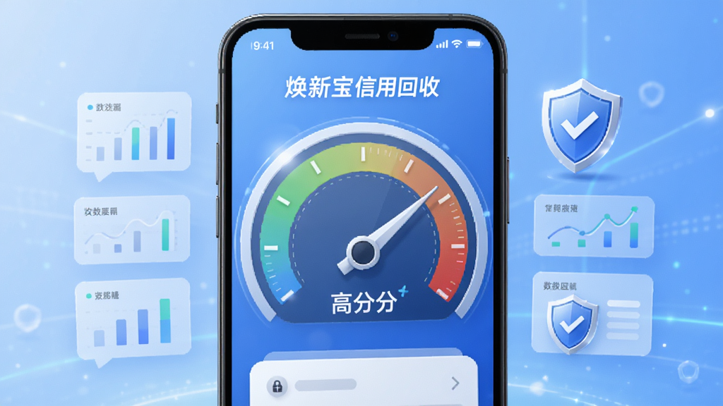一部手机屏幕显示“焕新宝信用回收”的信用评分仪表盘,仪表盘上有指针指向高分区域,周围环绕着数据图表和盾牌图标,背景是柔和的蓝色渐变,风格科技感十足,细节丰富,画质清晰,干净,无多余元素