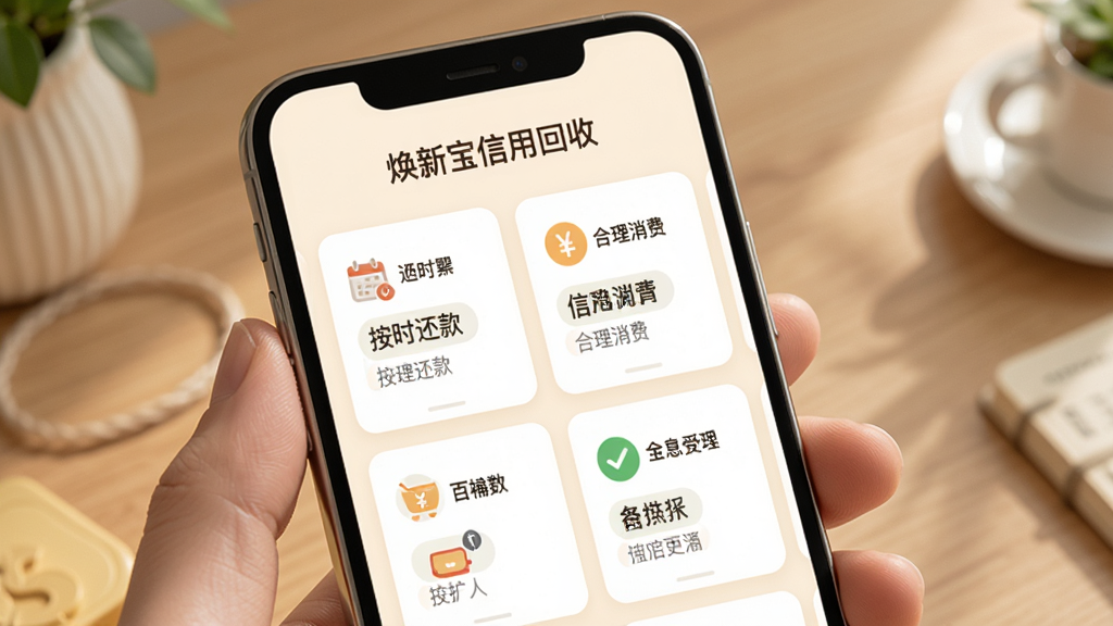 手机屏幕显示“焕新宝信用回收”的个性化方案页面,页面上有多个卡片式布局,每个卡片上写着不同的信用提升建议,如“按时还款”、“合理消费”等,背景是淡雅的米白色,风格温馨,细节丰富,画质高清,干净,无多余元素