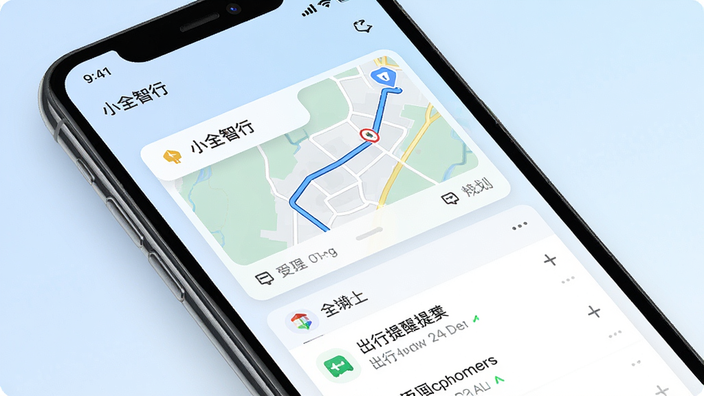 一张展示小全智行软件主界面的手机屏幕截图,画面中央是清晰的路线规划卡片和出行提醒列表,背景为柔和的浅蓝色渐变,整体风格简洁现代,排版整齐,细节包括图标、文字标签和状态栏,画质高清,干净无多余元素