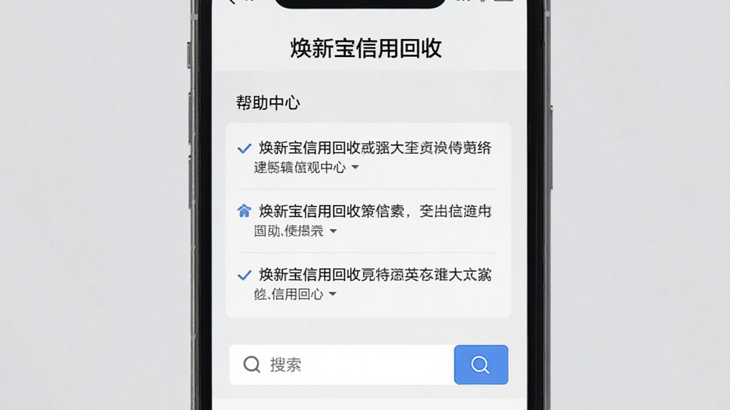 手机屏幕显示“焕新宝信用回收”的帮助中心页面,页面上有常见问题列表和搜索框,背景是浅灰色,风格简洁,细节清晰,画质高清,干净,无多余元素
