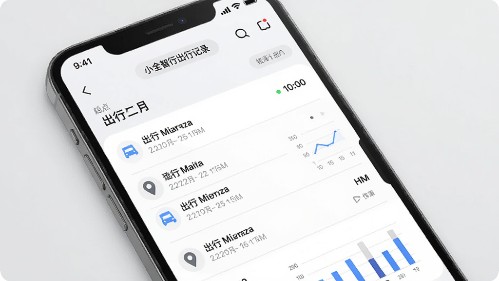 一幅展示小全智行出行记录管理界面的示意图,画面中手机屏幕显示按日期排列的出行记录列表,每条记录配有起点终点图标和时间信息,背景为浅灰色,风格简约商务,排版清晰,细节包括列表分隔线、日期标签和统计图表,画质高清,干净无多余元素