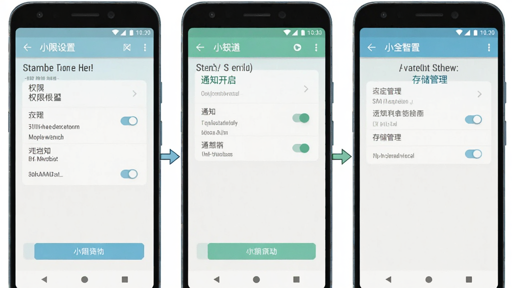 一张小全智行在安卓手机上的操作指引图,画面展示手机屏幕从左到右依次为权限设置、通知开启和存储管理三个步骤界面,风格为清新浅色,排版为横向流程排列,细节包括箭头指引、开关按钮和文字标注,画质清晰,干净无多余元素