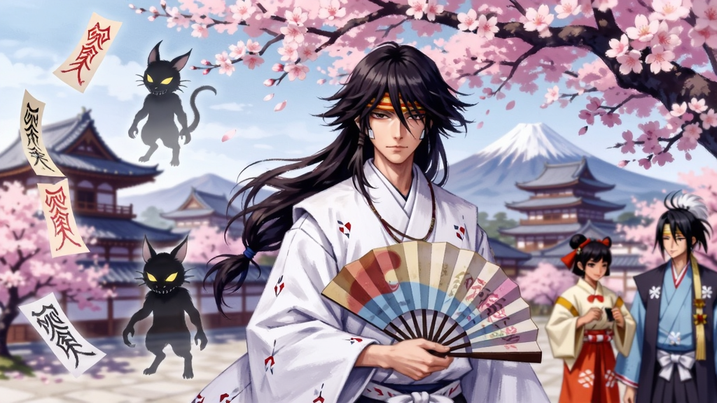 一幅以阴阳师为主题的精美插画,画面中央是安倍晴明身穿白色狩衣手持折扇站在樱花树下,背景是平安京的古典建筑与远处的富士山,画面左侧漂浮着几张符咒与式神虚影,画面右侧有神乐与源博雅的身影,整体风格为日式和风唯美插画,色调以粉白蓝紫为主,画面干净整洁,无多余元素,高清画质