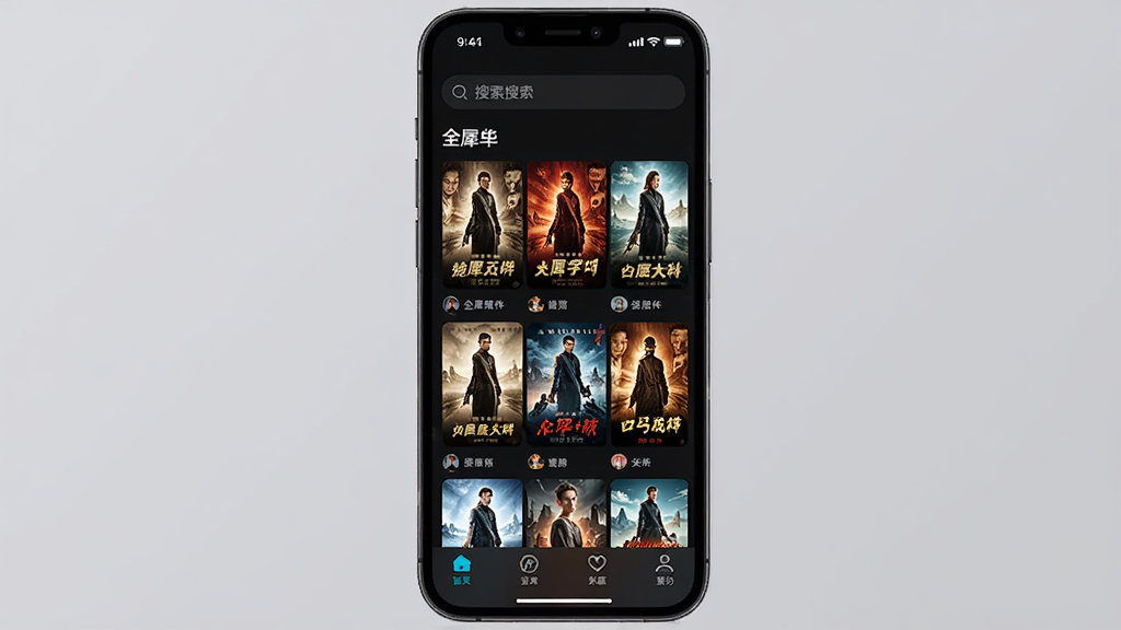 全犀软件主界面预览图,画面中心展示手机屏幕,屏幕内为全犀APP的首页布局,顶部搜索栏,中部为影视海报网格排列,底部导航栏,整体风格深色护眼模式,科技感与简约感结合,画质清晰,干净无多余元素