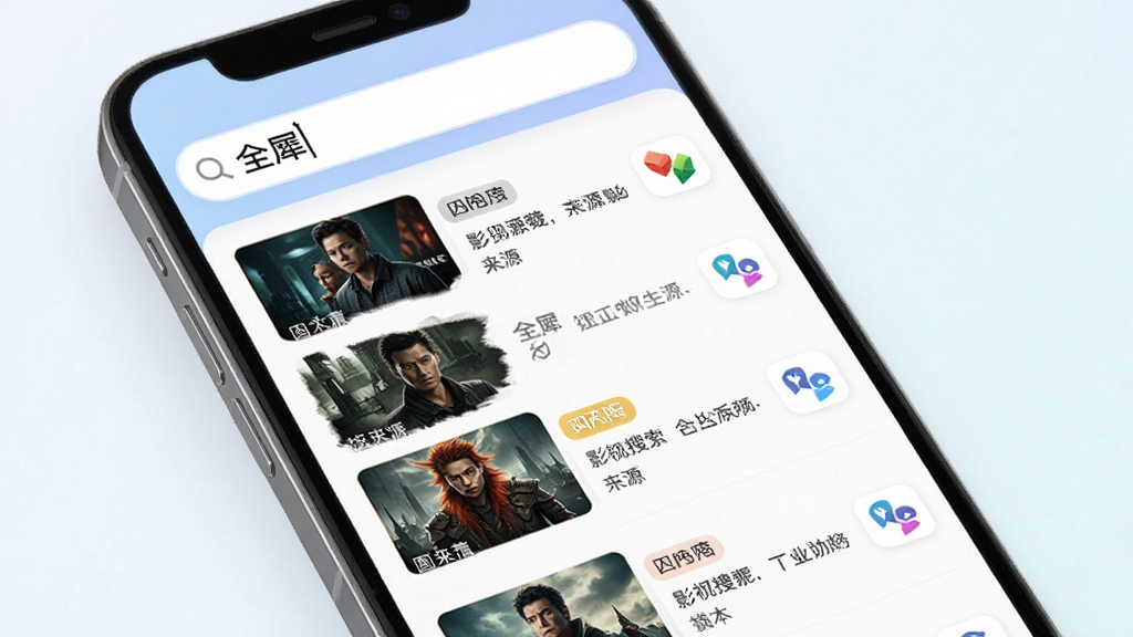 全犀全网资源聚合功能展示图,画面为手机界面,搜索框内显示“全犀”字样,下方列出多条影视搜索结果,每条结果带有清晰度标签与来源图标,背景为浅色渐变,风格清爽现代,细节丰富,画质干净
