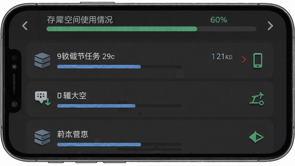 全犀离线缓存管理界面图,手机屏幕显示下载任务列表,每个任务带有进度条、文件大小与状态图标,顶部有存储空间使用情况条,界面为深灰色主题,布局清晰,图标精致,画质干净