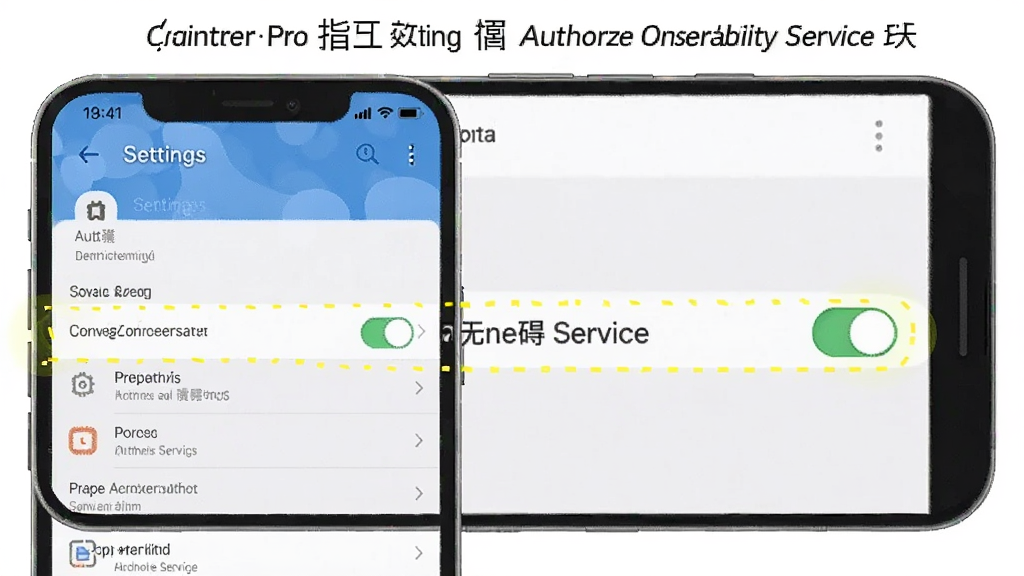 一张展示连点器Pro在手机设置中授权无障碍服务的操作指引图,画面中手机屏幕显示设置界面,高亮标注无障碍服务开关位置,风格清晰直观,画质干净
