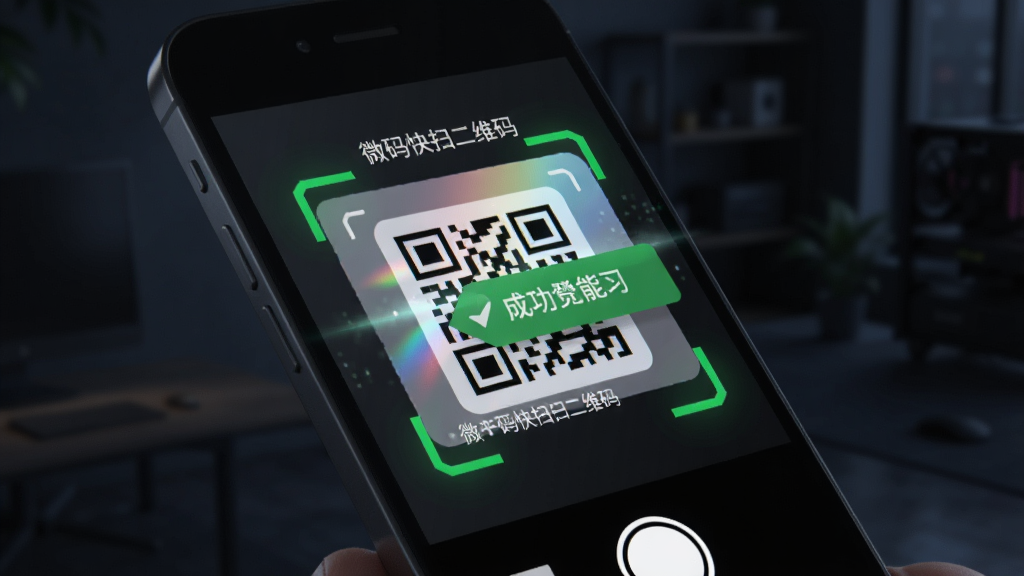 一张表现微码快扫二维码极速识别能力的AI生图,画面主体是手机摄像头正在扫描一张带有反光膜的二维码卡片,手机屏幕上的识别框已经变绿并弹出成功提示,背景是昏暗的室内环境,手机屏幕发出的光线照亮了卡片局部,画面风格写实科技感,细节丰富,画质干净,图中二维码卡片旁用白色小字标注“微码快扫二维码”