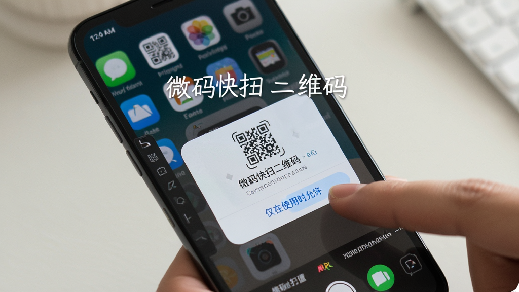 一张展示微码快扫二维码在手机上安装完成后首次打开权限设置界面的图片,画面中手机屏幕显示相机权限请求弹窗,背景是手机桌面,旁边有一只手正在点击“仅在使用时允许”按钮,整体风格生活化,细节清晰,画质干净,图中弹窗上方用白色字体标注“微码快扫二维码”
