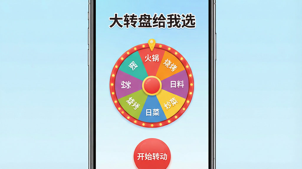 一张手机屏幕展示“大转盘给我选”应用主界面的图片,画面中央是一个色彩鲜艳的圆形转盘,转盘被均匀分成多个扇形区域,每个区域写有不同的选项文字,如“火锅”“烧烤”“日料”“炒菜”等,转盘上方有醒目的应用名称“大转盘给我选”字样,下方有一个显眼的红色圆形按钮写着“开始转动”,背景是柔和的浅蓝色渐变,整体风格清新活泼,布局居中对称,画质清晰干净,无多余装饰元素