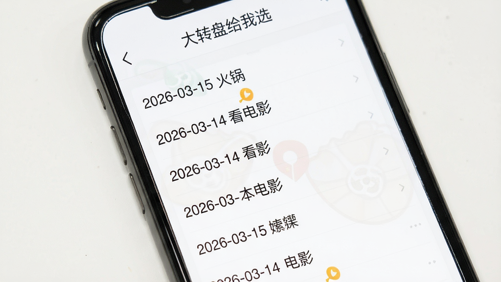 一张手机屏幕展示“大转盘给我选”应用历史记录页面的图片,画面中手机屏幕显示一个按时间排列的列表,每条记录包含日期时间和抽取结果文字,如“2026-03-15 火锅”“2026-03-14 看电影”等,列表顶部有“大转盘给我选”的应用名称,整体布局简洁,背景为白色,文字清晰,画质干净,无多余装饰