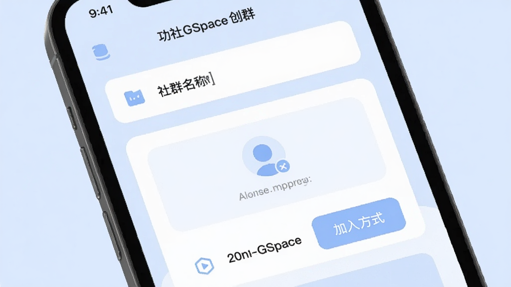 功社GSpace创建社群界面,手机屏幕中显示社群名称输入框、头像上传区域与加入方式选项,界面以卡片式布局呈现,配色柔和,图标精致,背景为淡雅的浅蓝色,整体风格现代简约,画质清晰,无杂乱元素