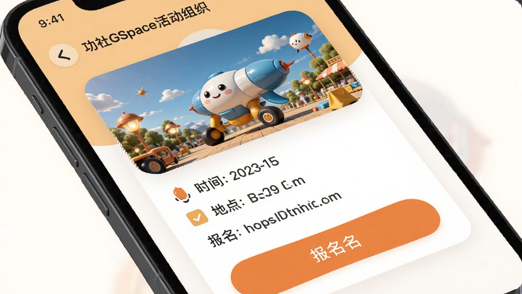 功社GSpace活动组织界面,手机屏幕中展示活动详情页,包含活动封面图、时间地点信息与报名按钮,界面以卡片形式呈现,配色温暖活泼,风格亲切友好,画质高清,无杂乱元素