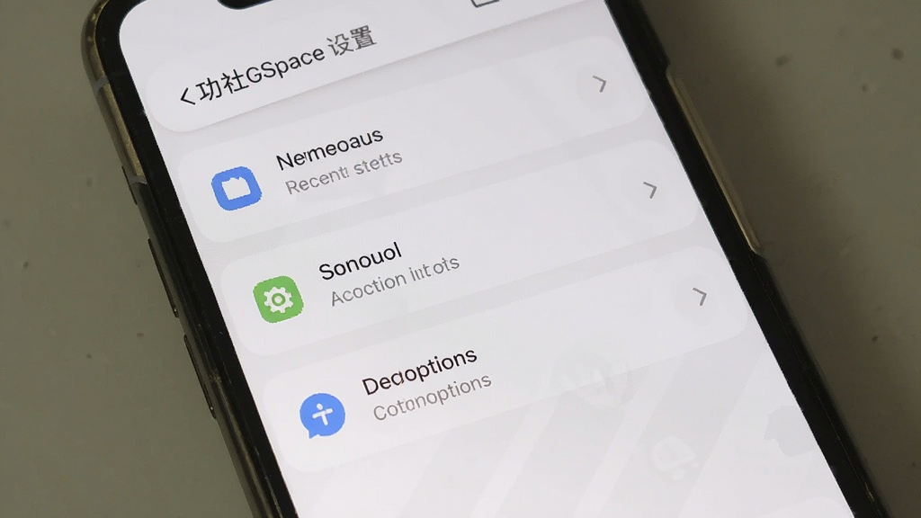 功社GSpace设置界面,手机屏幕中显示权限管理、存储设置与通知选项列表,界面以分组列表形式呈现,图标简洁,配色以白色与浅灰色为主,风格干净利落,画质清晰,无多余元素