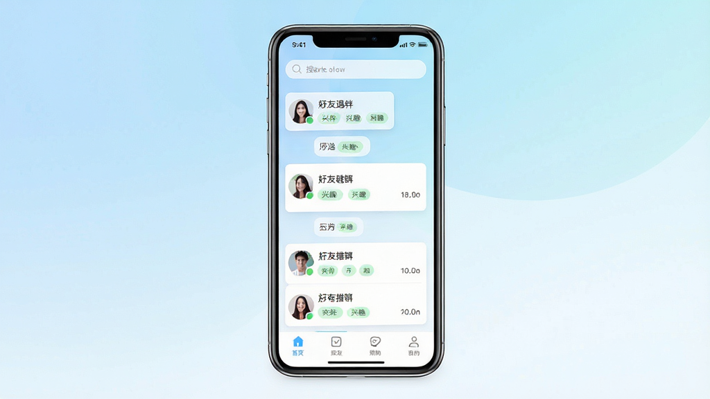 一张展示“遇伴”交友软件主界面的手机预览图,画面中央是一部竖屏智能手机,屏幕内呈现清爽的聊天列表与好友推荐卡片,卡片上带有头像和兴趣标签,背景为柔和的浅蓝与白色渐变,整体布局简洁明快,风格现代清新,细节包括底部导航栏和顶部搜索框,画质清晰,干净,无多余元素