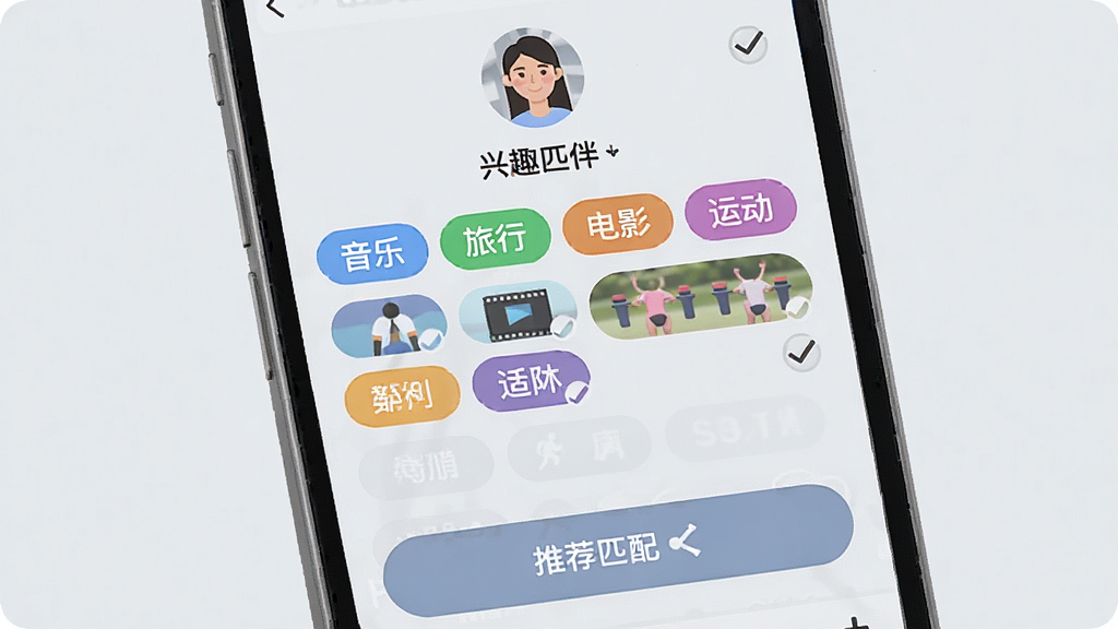 一张“遇伴”软件兴趣标签选择界面的手机截图,画面中手机屏幕显示多个彩色兴趣标签如音乐、旅行、电影、运动等,用户头像位于顶部,下方有推荐匹配按钮,背景为浅灰色,布局整齐,风格简约清新,细节包括勾选状态和标签圆角,画质清晰,干净,无多余元素