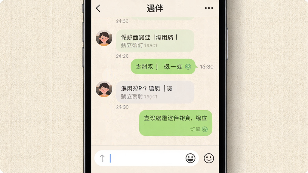 一张“遇伴”聊天对话界面的手机展示图,画面中手机屏幕显示一段轻松愉快的对话气泡,左侧为对方头像与消息,右侧为用户回复,底部有输入框和表情按钮,背景为浅色纹理,布局居中,风格温暖友好,细节包括时间戳和已读标记,画质清晰,干净,无多余元素