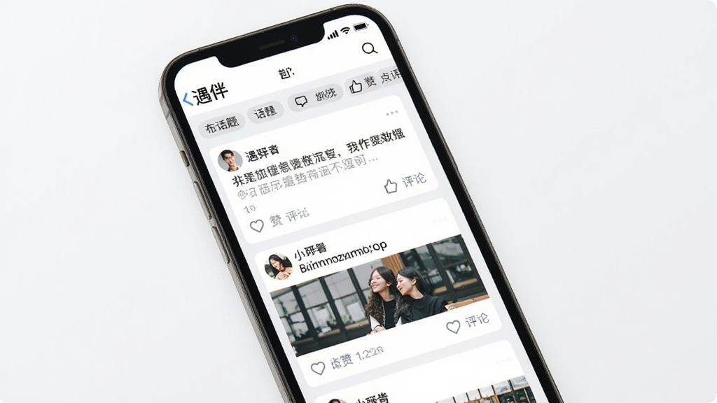 一张“遇伴”动态广场页面的手机预览图,画面中手机屏幕显示多条用户动态卡片,包含文字、图片和点赞评论按钮,顶部有话题标签栏,背景为白色与浅灰交替,布局瀑布流式,风格清爽社交感强,细节包括头像和发布时间,画质清晰,干净,无多余元素