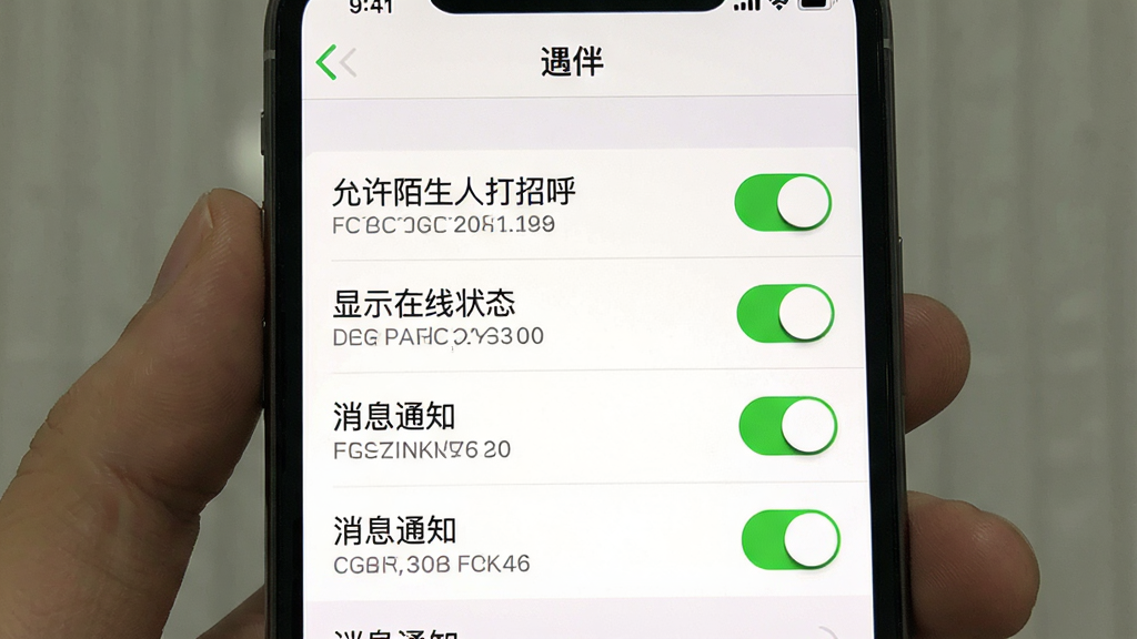 一张“遇伴”隐私设置界面的手机截图,画面中手机屏幕列出多个开关选项如“允许陌生人打招呼”“显示在线状态”“消息通知”等,背景为纯白色,布局列表式,风格简洁实用,细节包括开关按钮和说明文字,画质清晰,干净,无多余元素