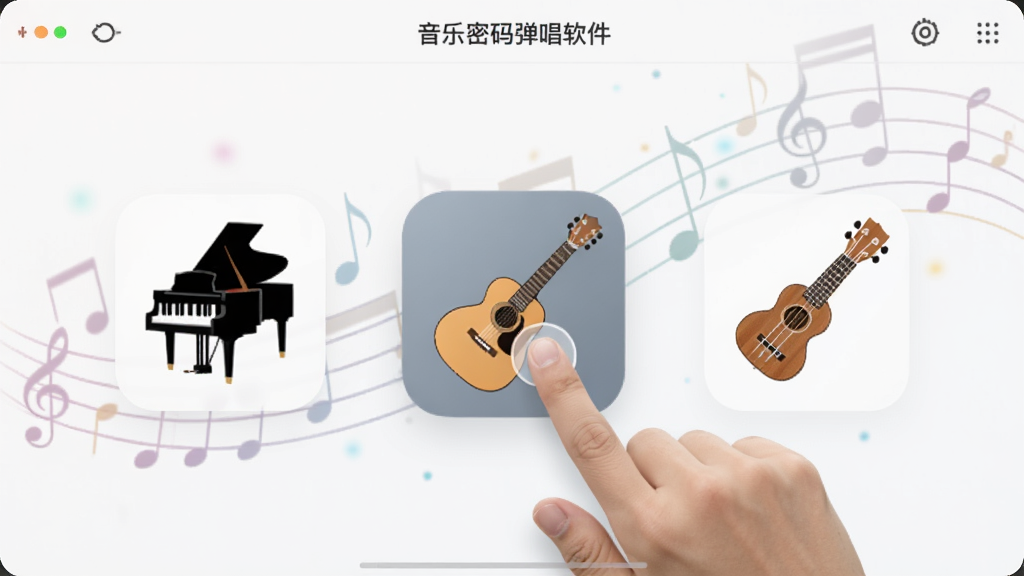 音乐密码弹唱软件多乐器音色选择界面,画面中同时展示钢琴、吉他、尤克里里图标,手指正在点击切换,背景是柔和音符粒子,风格现代简约,画质干净清晰