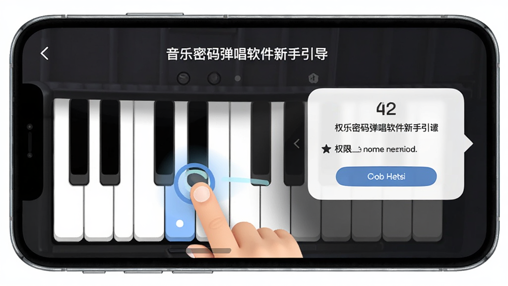 音乐密码弹唱软件新手引导界面,手机屏幕上显示手指点击钢琴键的动画,旁边有权限设置提示框,背景简洁,画质清晰,风格友好