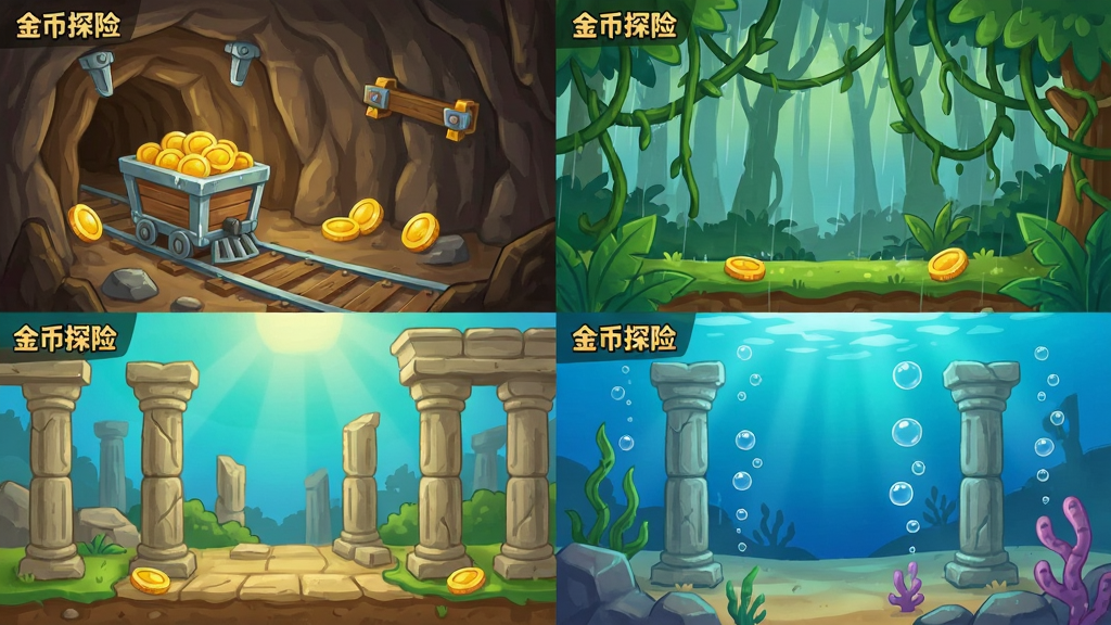 画面展示金币探险的多个关卡场景拼贴,主体为四个不同主题的方形场景,布局为两行两列网格,排版中每个场景角落标注“金币探险”小字,风格为卡通手绘,细节包括矿洞矿车、雨林藤蔓、遗迹石柱、海底气泡,画质高清,画面干净,无多余元素