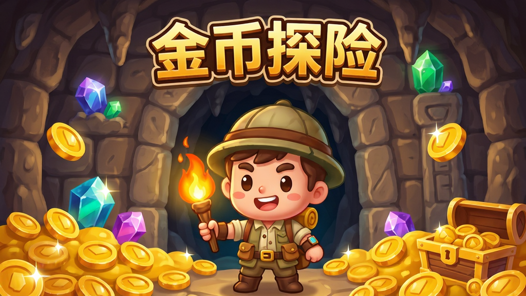 画面主体为一个Q版卡通探险家手持火把站在金币堆满的洞穴入口,背景是闪烁的宝石和古老石壁,布局采用中心构图,探险家位于画面中央偏下,四周散落金币与宝箱,排版突出游戏名称“金币探险”在顶部,风格为明亮卡通Q版,细节包括金币反光、火把光晕、石壁纹理,画质高清,画面干净,无多余元素