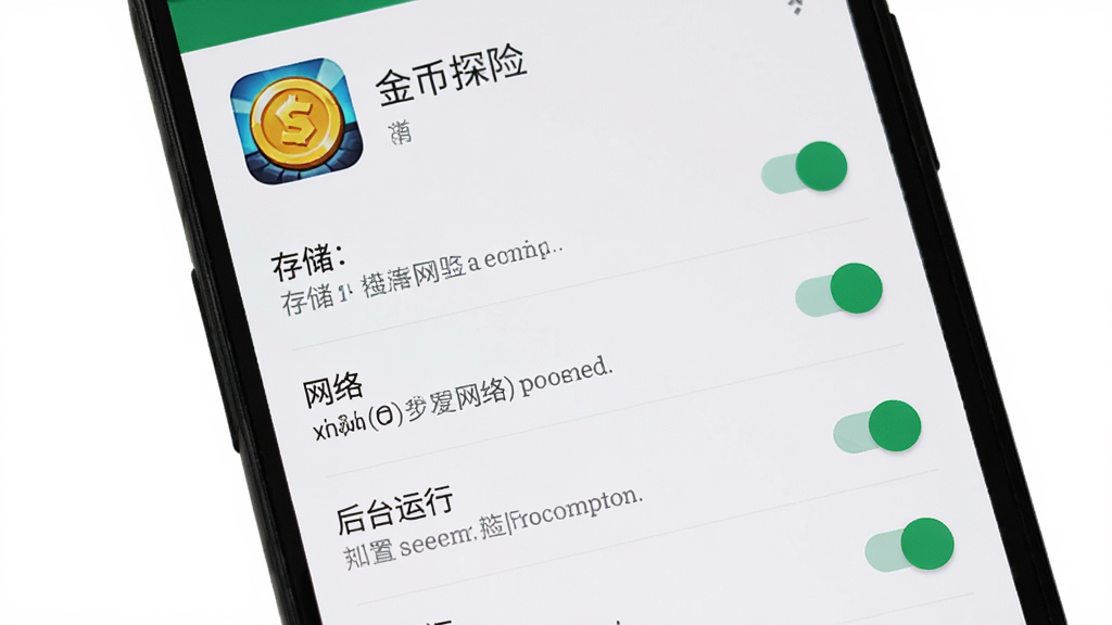手机屏幕显示金币探险的安装权限设置界面,主体为安卓系统的应用权限列表,布局为竖屏列表式,排版顶部有“金币探险”应用图标和名称,中间是存储、网络、后台运行等权限开关,风格为扁平化系统UI,细节包括开关状态、权限说明小字,画质高清,画面干净,无多余元素