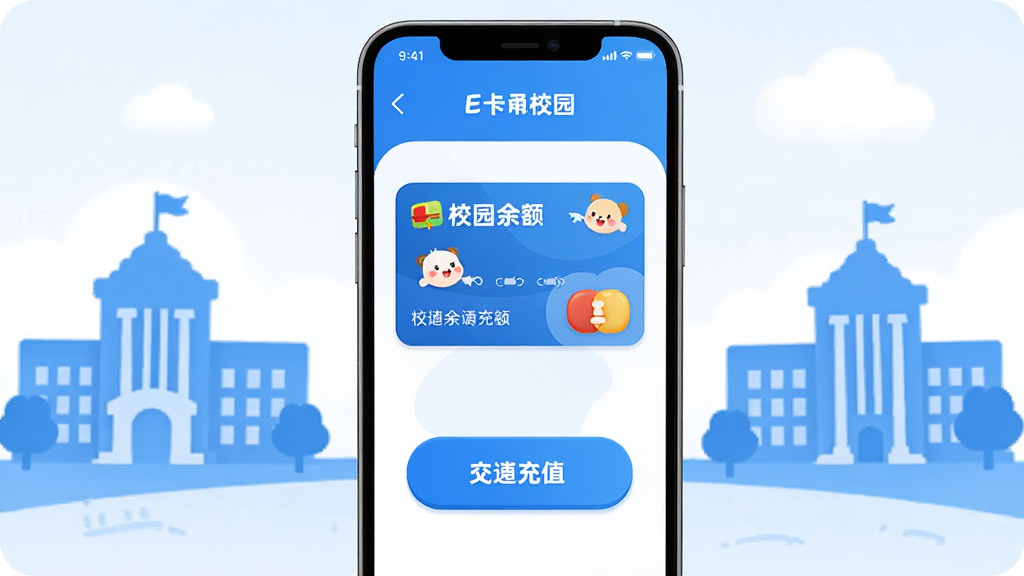E卡通校园一卡通APP主界面展示,画面中央是一部智能手机,屏幕上显示卡通风格的校园卡余额与充值按钮,背景是简洁的大学校园建筑剪影,整体风格清新明亮,配色以蓝白为主,画质清晰干净,无多余元素