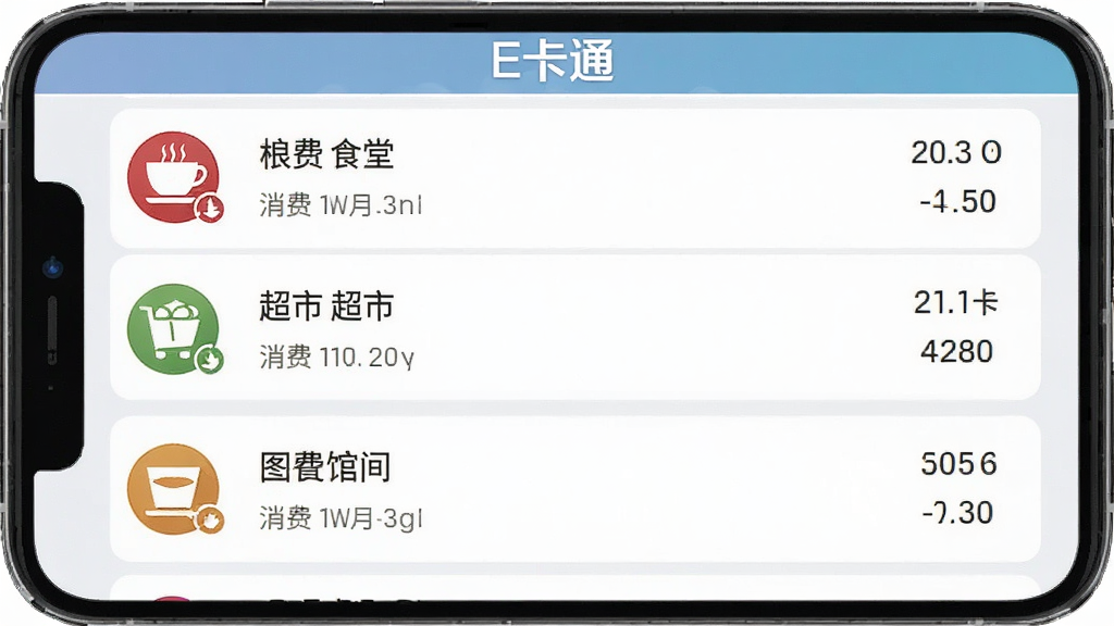 E卡通APP交易明细查询界面,手机屏幕显示多条消费记录列表,包含食堂、超市、图书馆等图标,背景为浅灰色渐变,风格简约商务,画质清晰,文字显示“E卡通”标识