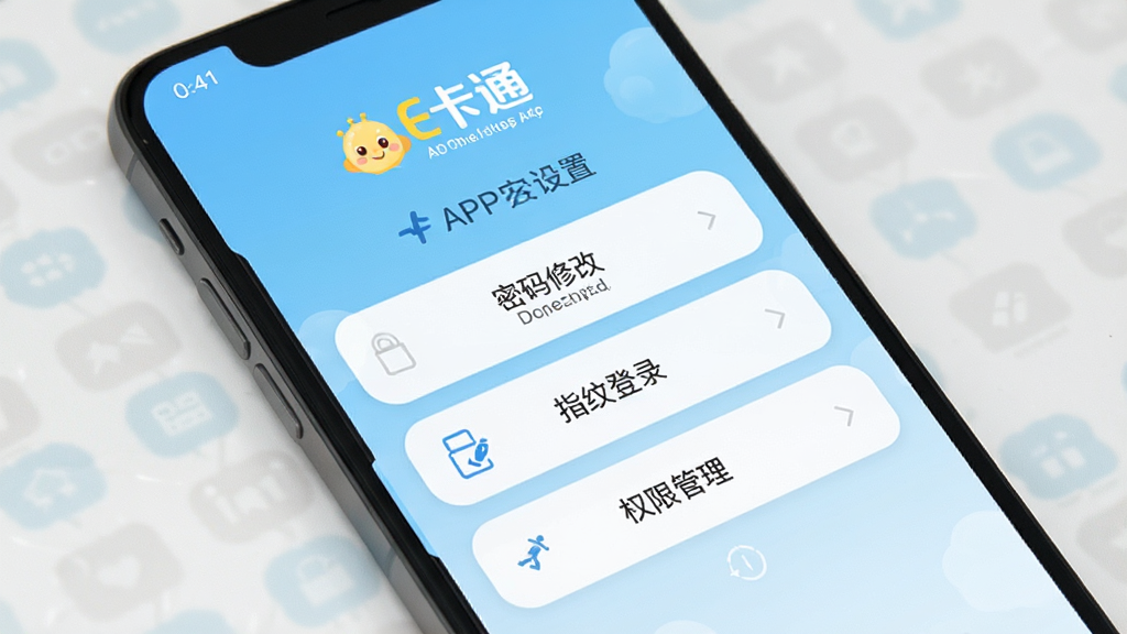 E卡通APP安全设置界面,手机屏幕显示密码修改、指纹登录、权限管理等选项,背景为淡蓝色渐变,风格清爽简约,画质清晰,文字标注“E卡通”
