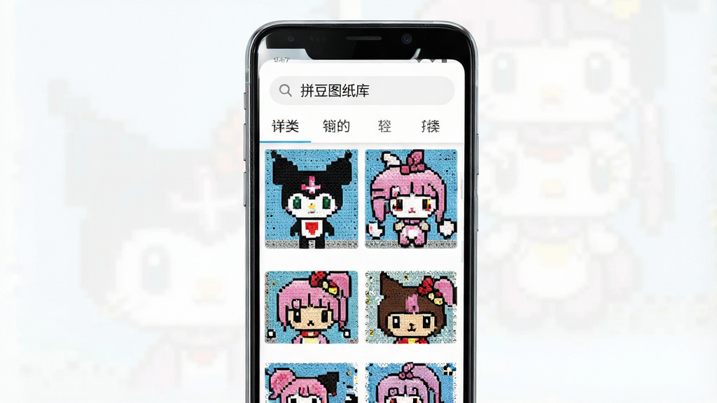 一张展示拼豆图纸库手机应用界面的预览图,主体为一部竖屏安卓手机,屏幕中央显示拼豆图纸库APP的主界面,上方有搜索框和分类标签,下方为网格状拼豆图纸缩略图,包含库洛米、美乐蒂等像素图案。布局采用居中构图,手机略微倾斜展示立体感。排版上APP界面元素清晰可见,缩略图排列整齐。风格为干净清新的科技生活类UI展示风。细节包括屏幕内文字“拼豆图纸库”清晰可读,缩略图色彩鲜艳,手机边缘有轻微反光。画质为高清,干净,无多余元素。