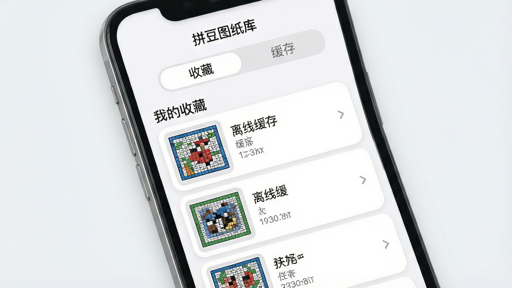 一张拼豆图纸库离线管理界面的AI生成图,主体为手机屏幕显示“我的收藏”和“离线缓存”列表,包含多张已下载的拼豆图纸缩略图。布局为标签页切换结构,上方有“收藏”“缓存”选项,下方为列表项。排版清晰。风格为柔和圆角卡片风。细节包括每项有缩略图、名称和大小信息,屏幕内文字“拼豆图纸库”可见。画质高清,干净,无多余元素。