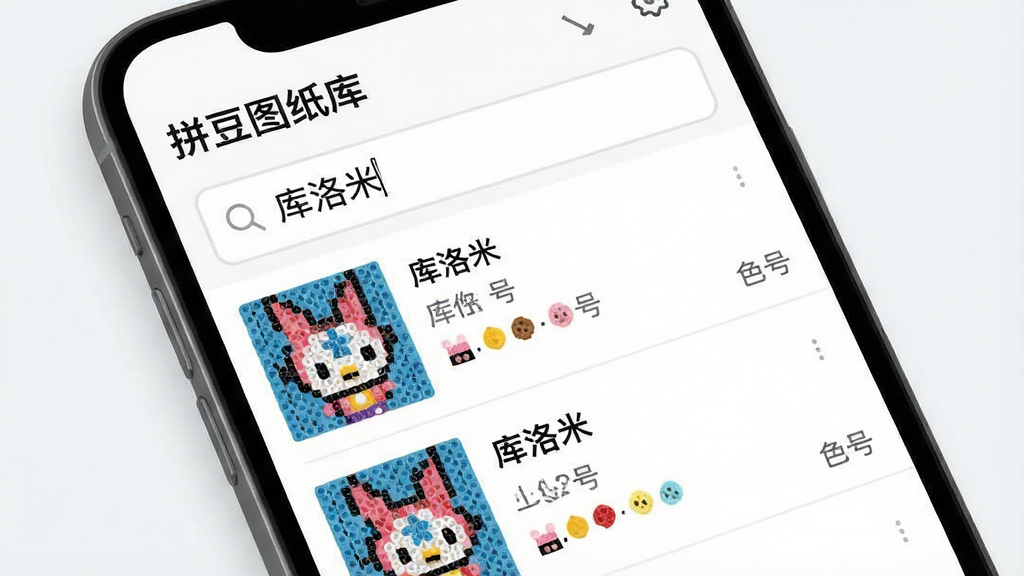一张拼豆图纸库搜索功能展示图,主体为手机屏幕显示搜索框内输入“库洛米”后出现的拼豆图纸搜索结果列表。布局为顶部搜索栏加下方结果列表,每项结果包含缩略图、名称和色号信息。排版简洁直观。风格为现代扁平化UI风。细节包括搜索框内文字“库洛米”清晰,结果列表中有多张库洛米拼豆图纸缩略图,屏幕内文字“拼豆图纸库”作为应用标题。画质高清,干净,无多余元素。