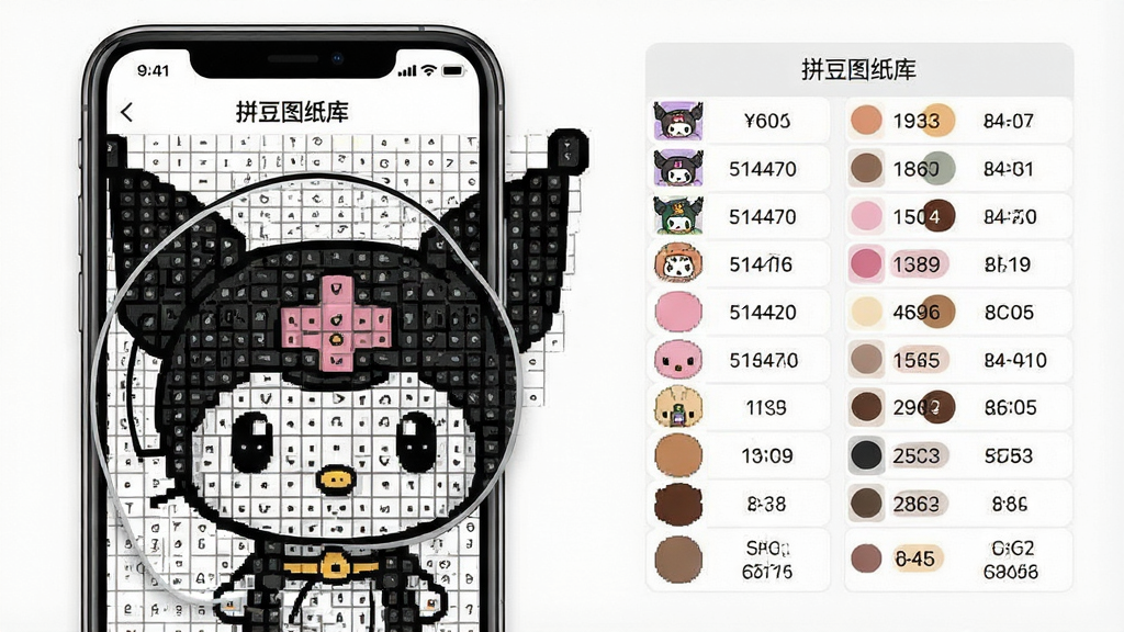 一张拼豆图纸库色号对照功能展示图,主体为手机屏幕显示一张库洛米拼豆图纸的放大细节,旁边有色号对照表,列出每种颜色对应的色号编号。布局为左图右表结构。排版工整。风格为工具类应用界面风。细节包括像素格清晰可见,色号表文字可读,屏幕内文字“拼豆图纸库”作为标题。画质高清,干净,无多余元素。
