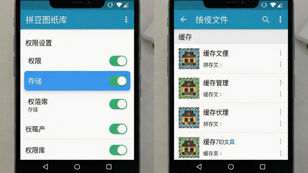 一张拼豆图纸库移动端使用指南示意图,主体为一部安卓手机屏幕显示拼豆图纸库的权限设置界面和缓存管理页面。布局为左右分屏,左侧为权限开关列表,右侧为缓存文件列表。排版清晰。风格为教程类截图风。细节包括权限项“存储”高亮,缓存文件带有缩略图,屏幕内文字“拼豆图纸库”可见。画质高清,干净,无多余元素。