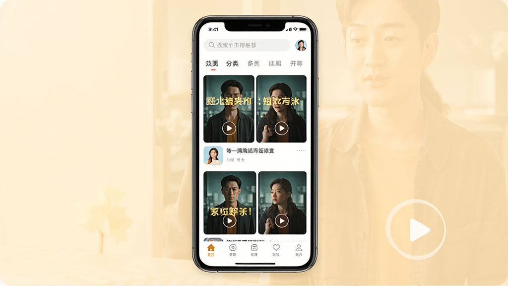 一隅软件主界面展示图,画面中央是手机屏幕,屏幕内呈现一隅APP的短剧推荐瀑布流布局,顶部有搜索栏和分类标签,底部有导航栏,背景为浅暖色调,风格简洁清新,细节包括剧集封面、播放按钮和文字标题,画质清晰,干净,无多余元素