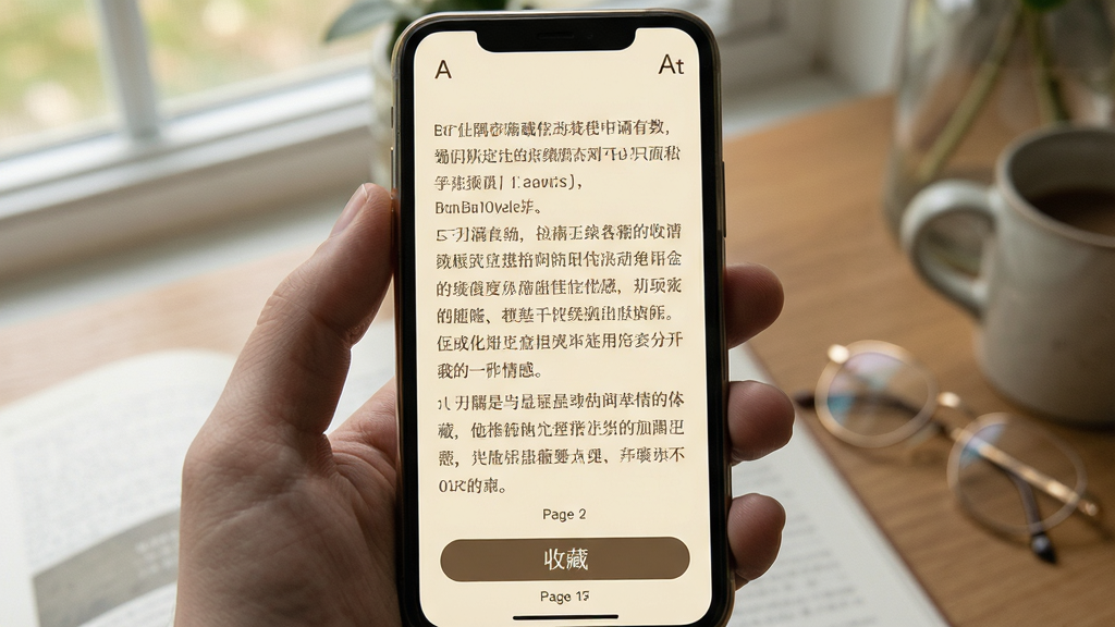 一隅阅读模式界面,手机屏幕显示一篇情感短文,文字排版舒适,背景为米黄色护眼色调,顶部有字体设置图标,底部有收藏按钮,风格文艺清新,细节包括段落间距和页码提示,画质清晰,干净,无多余元素